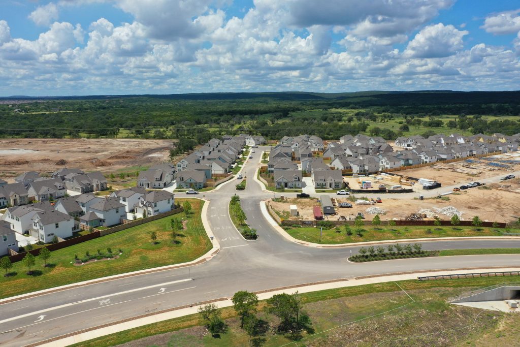 An aerial view of a build-to-rent community